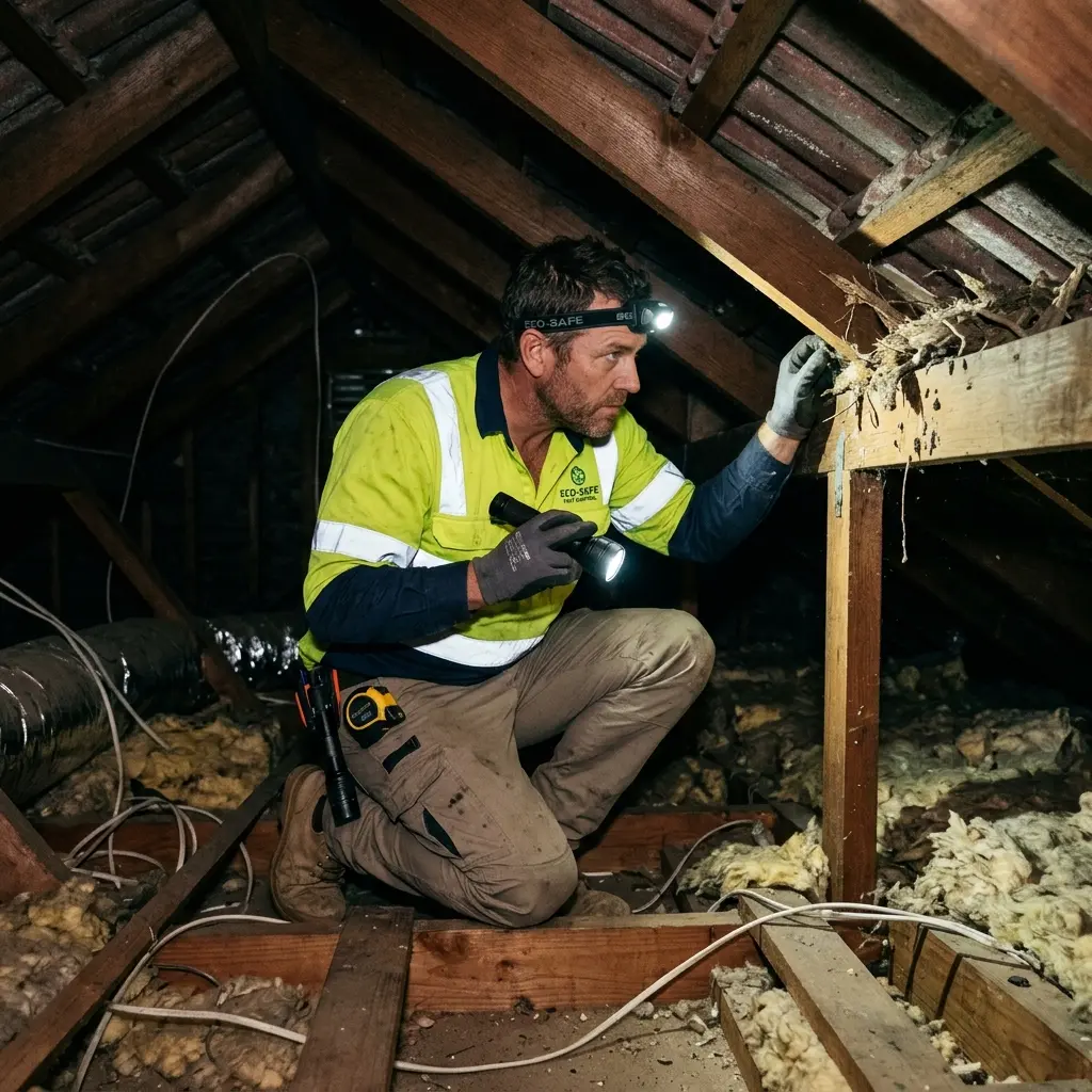 Technician inspecting a roof cavity for a dead animal in Ceres