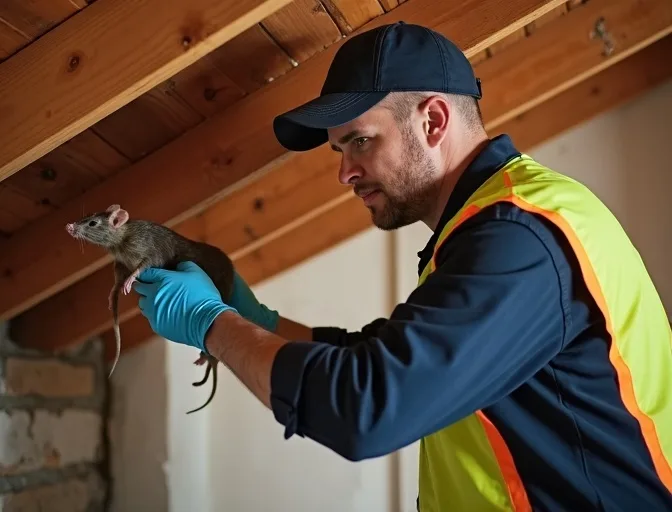 Technician inspecting a roof cavity for a dead rat in Ceres